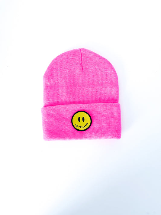 Neon Pink Beanie - Smiley Logo